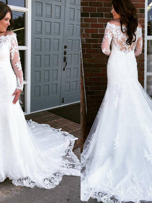 A-line Off Shoulder Court Train Lace Wedding Dress