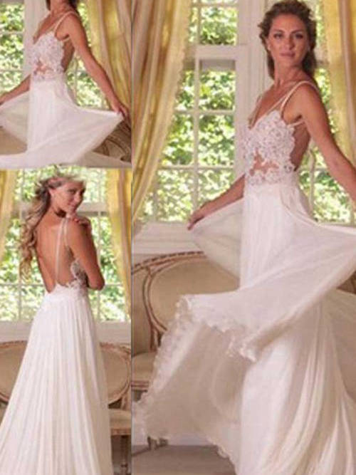 A-line V Neck Sweep Train Chiffon Bridal Gown Lace