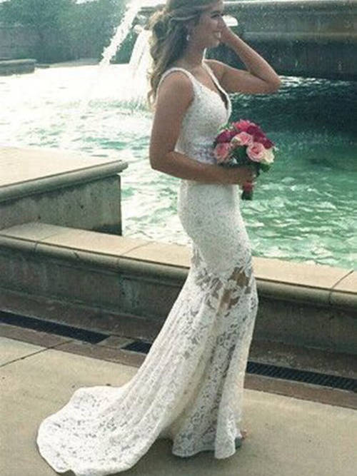 Mermaid Spaghetti Straps Brush Train Lace Wedding Dress