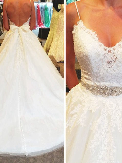 A-line Spaghetti Straps Court Train Organza Wedding Dress Lace