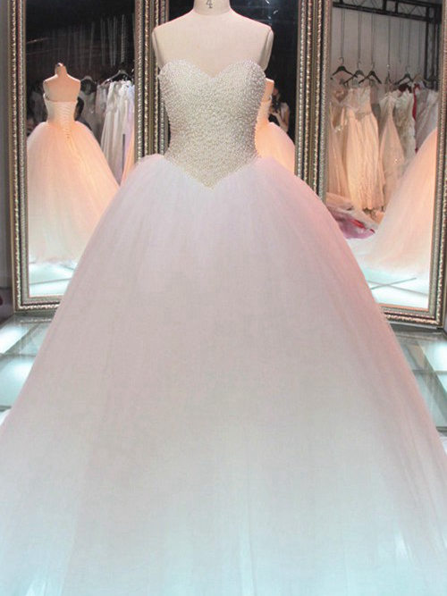 Princess Sweetheart Brush Train Organza Wedding Dress Beading