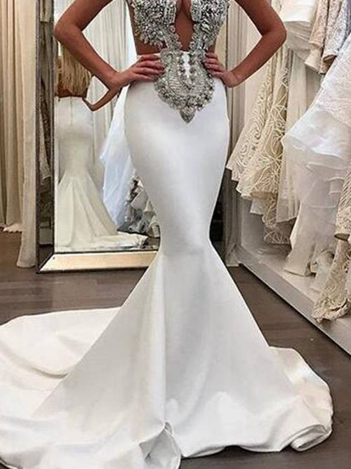 Mermaid Sweetheart Court Train Taffeta Wedding Gown Beading