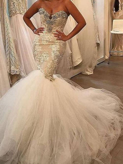 Mermaid Sweetheart Court Train Organza Wedding Dress Beading