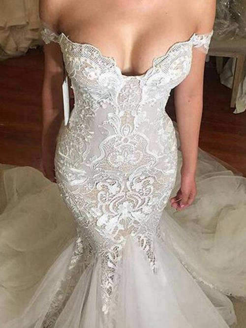 Mermaid V Neck Court Train Organza Wedding Dress Lace