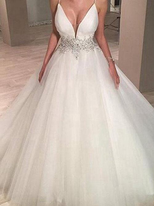 Princess Spaghetti Straps Court Train Organza Wedding Dress Bead