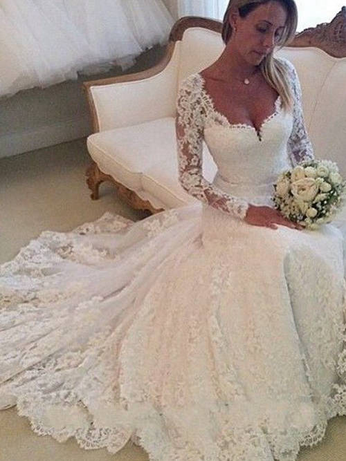 Mermaid Sweetheart Sweep Train Lace Wedding Dress Long Sleeves