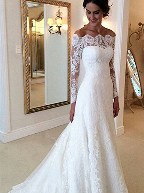 A-line Off Shoulder Brush Train Lace Wedding Dress