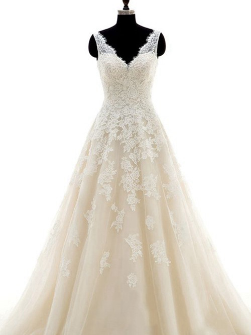 A-line V Neck Brush Train Lace Organza Wedding Dress