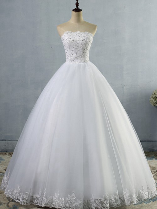 Princess Strapless Floor Length Organza Wedding Dress Beading