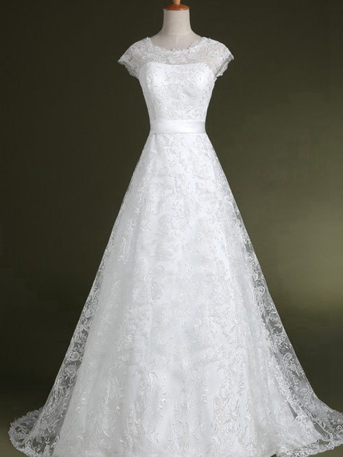A-line Jewel Brush Train Lace Wedding Gown