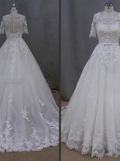 A-line Sheer Brush Train Lace Bridal Dress 1/2 Sleeves