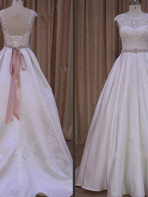 A-line Jewel Brush Train Taffeta Lace Bridal Dress