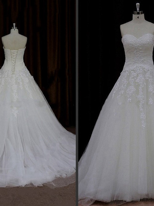 A-line Sweetheart Brush Train Organza Bridal Dress Applique
