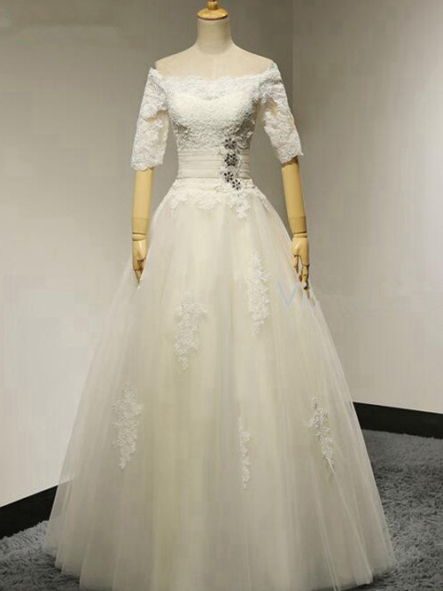 A-line Off Shoulder Floor Length Organza Wedding Dress