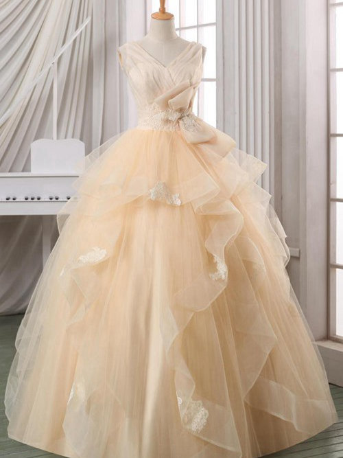 Ball Gown V Neck Floor Length Organza Bridal Wear