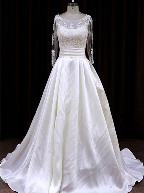A-line Scoop Brush Train Taffeta Wedding Dress