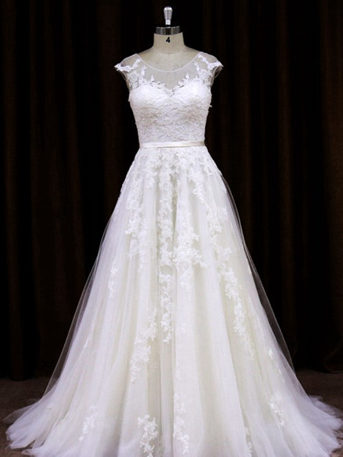 A-line Sheer Sweep Train Tulle Lace Bridal Gown