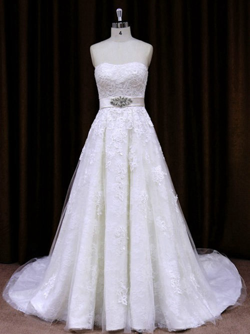 A-line Strapless Brush Train Organza Wedding Dress Embrodiery