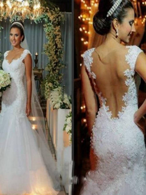 Mermaid Straps Sweep Train Organza Lace Wedding Dress