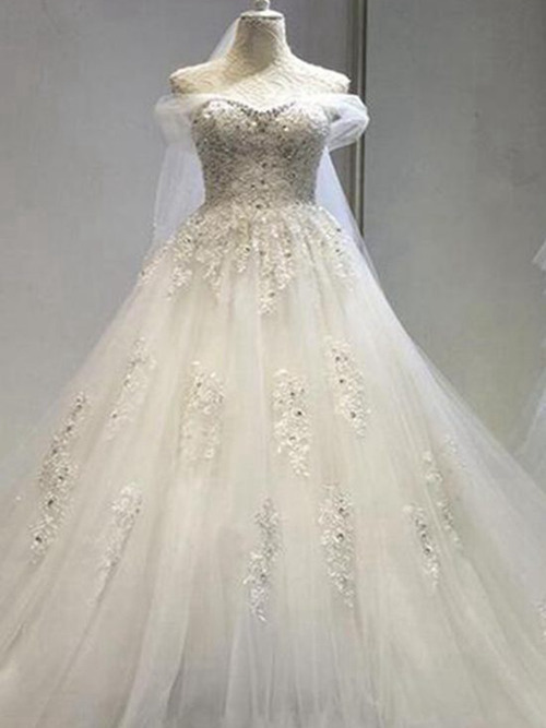 A-line Off Shoulder Sweep Train Organza Wedding Dress Beading