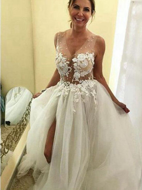 A-line Sheer Brush Train Organza Wedding Dress