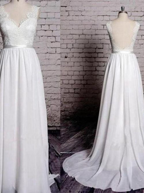 A-line V Neck Sweep Train Chiffon Lace Bridal Gown