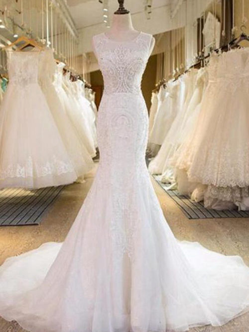 Mermaid Jewel Court Train Organza Wedding Gown Lace