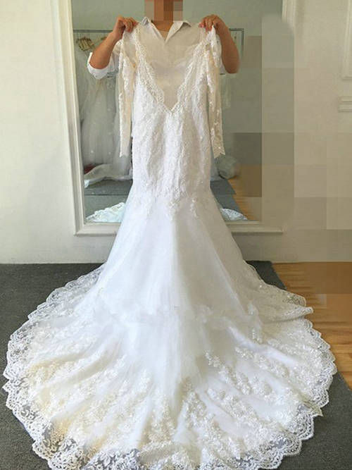 Mermaid V Neck Sweep Train Lace Wedding Dress Long Sleeves