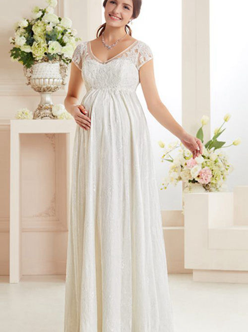 A-line V Neck Floor Length Lace Maternity Wedding Dress