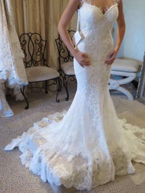 Mermaid Sweetheart Brush Train Lace Wedding Dress