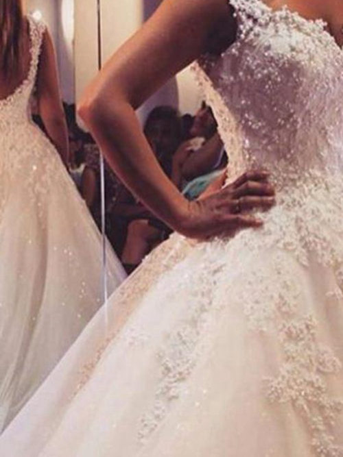 Ball Gown V Neck Court Train Organza Wedding Wear Beading
