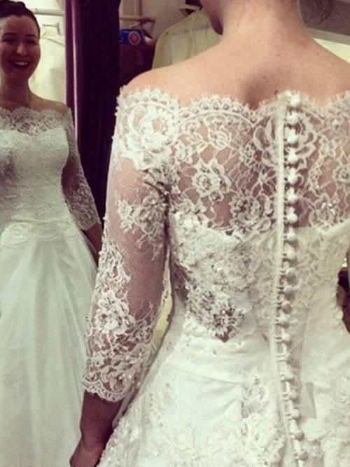 A-line Off Shoulder Brush Train Taffeta Wedding Dress Lace