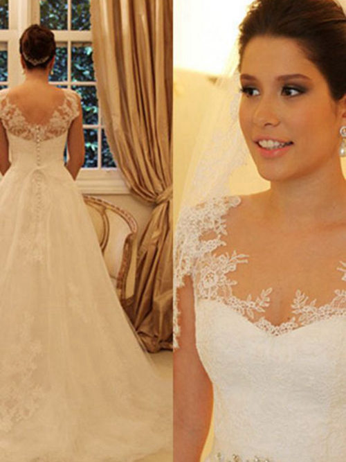 A-line V Neck Brush Train Lace Wedding Gown