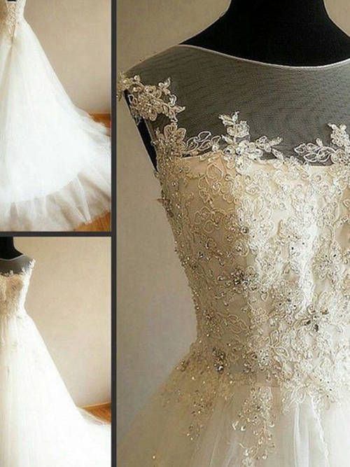 A-line Sheer Court Train Tulle Lace Wedding Dress