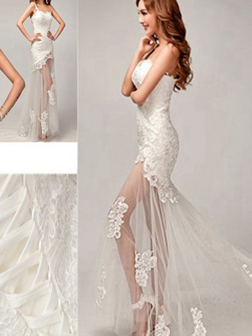 Sheath One Shoulder Brush Train Lace Wedding Dress