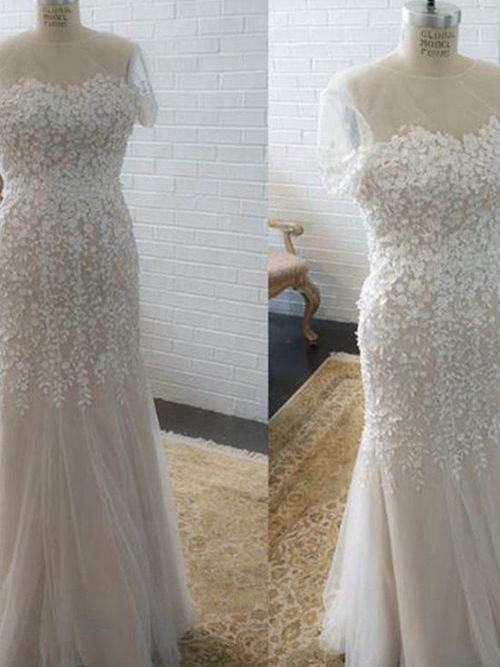 Mermaid Sheer Floor Length Tulle Bridal Gown Applique