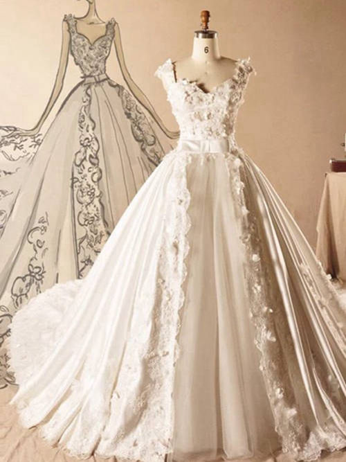 A-line Straps Court Train Organza Wedding Dress Applique