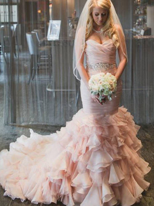 Mermaid Sweetheart Court Train Organza Wedding Dress Beading Ruf