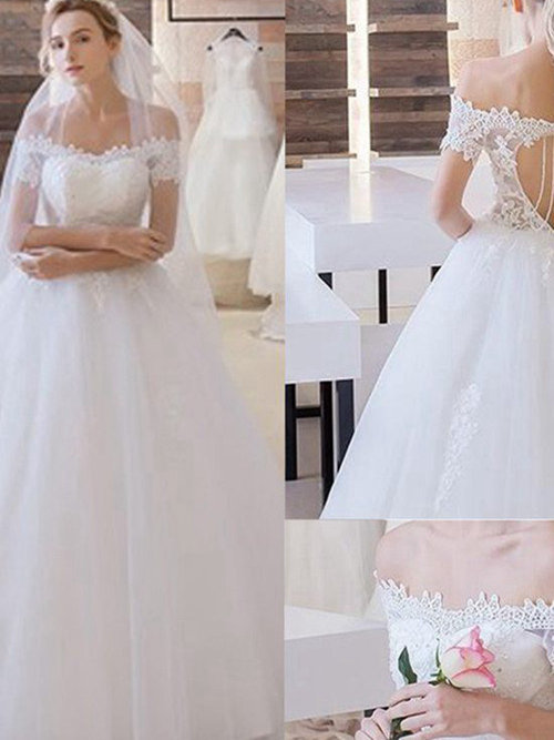 Princess Off Shoulder Floor Length Organza Wedding Dress Lace