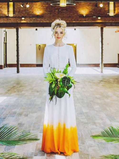 A-line Jewel Floor Length Chiffon Wedding Wear