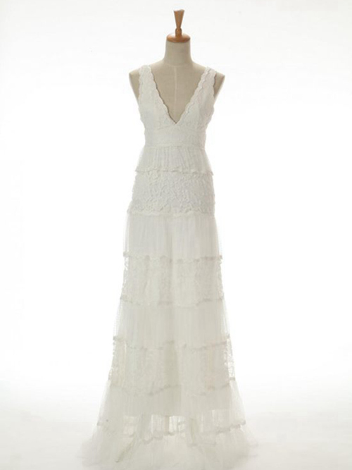 A-line V Neck Floor Length Lace Wedding Dress