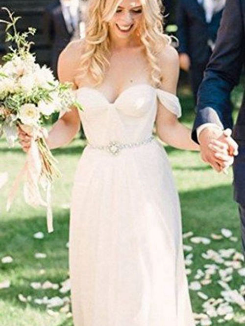 Sheath Off Shoulder Floor Length Chiffon Wedding Dress