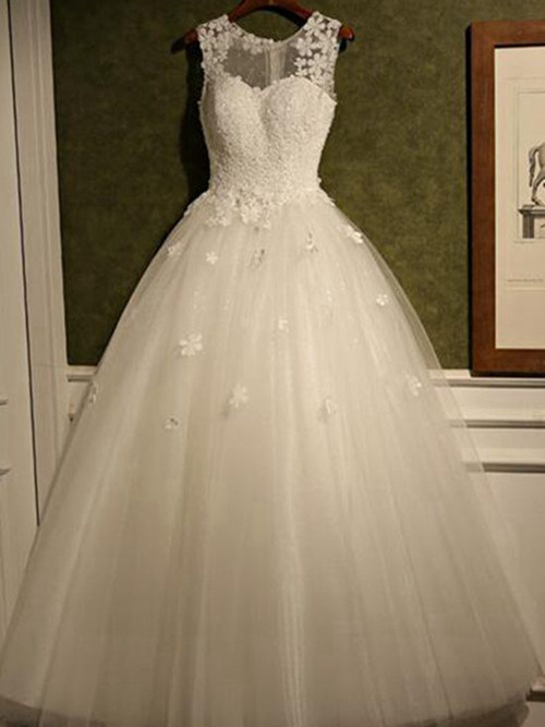 A-line Sheer Floor Length Organza Wedding Gown Applique