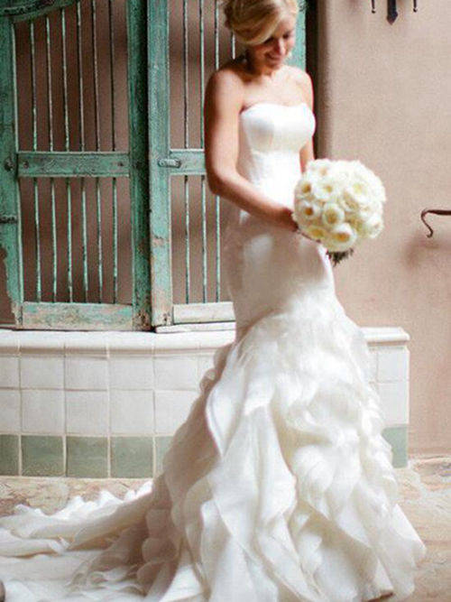 Mermaid Strapless Sweep Train Organza Wedding Dress Ruffles