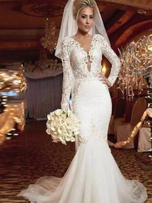 Mermaid V Neck Sweep Train Lace Wedding Dress Organza