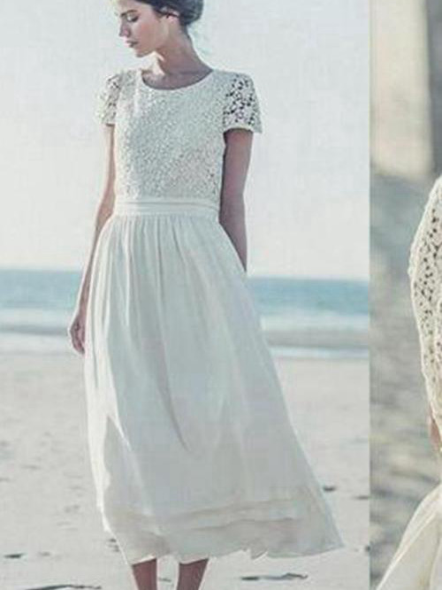 A-line Jewel Tea Length Chiffon Wedding Dress Lace