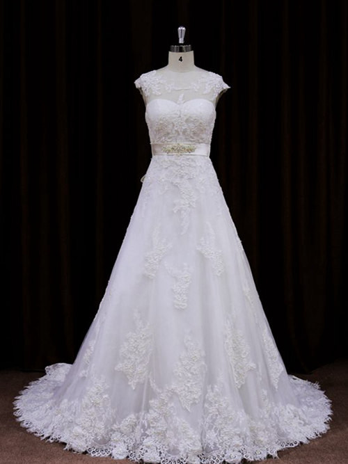A-line Sheer Brush Train Lace Wedding Dress