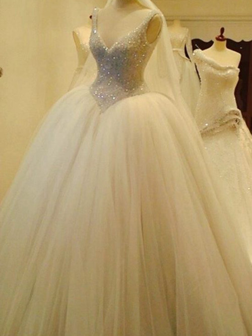 Ball Gown V Neck Floor Length Organza Wedding Wear Beading