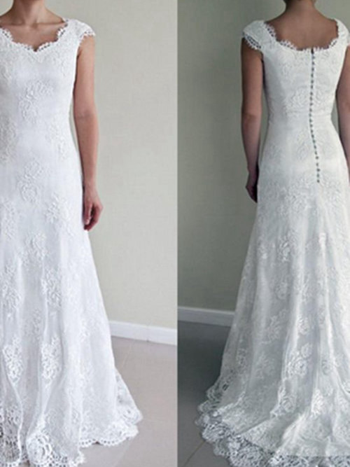 A-line V Neck Brush Train Lace Wedding Dress