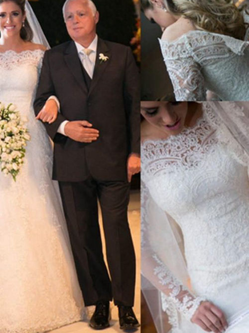 A-line Off Shoulder Sweep Train Lace Wedding Dress Sleeves